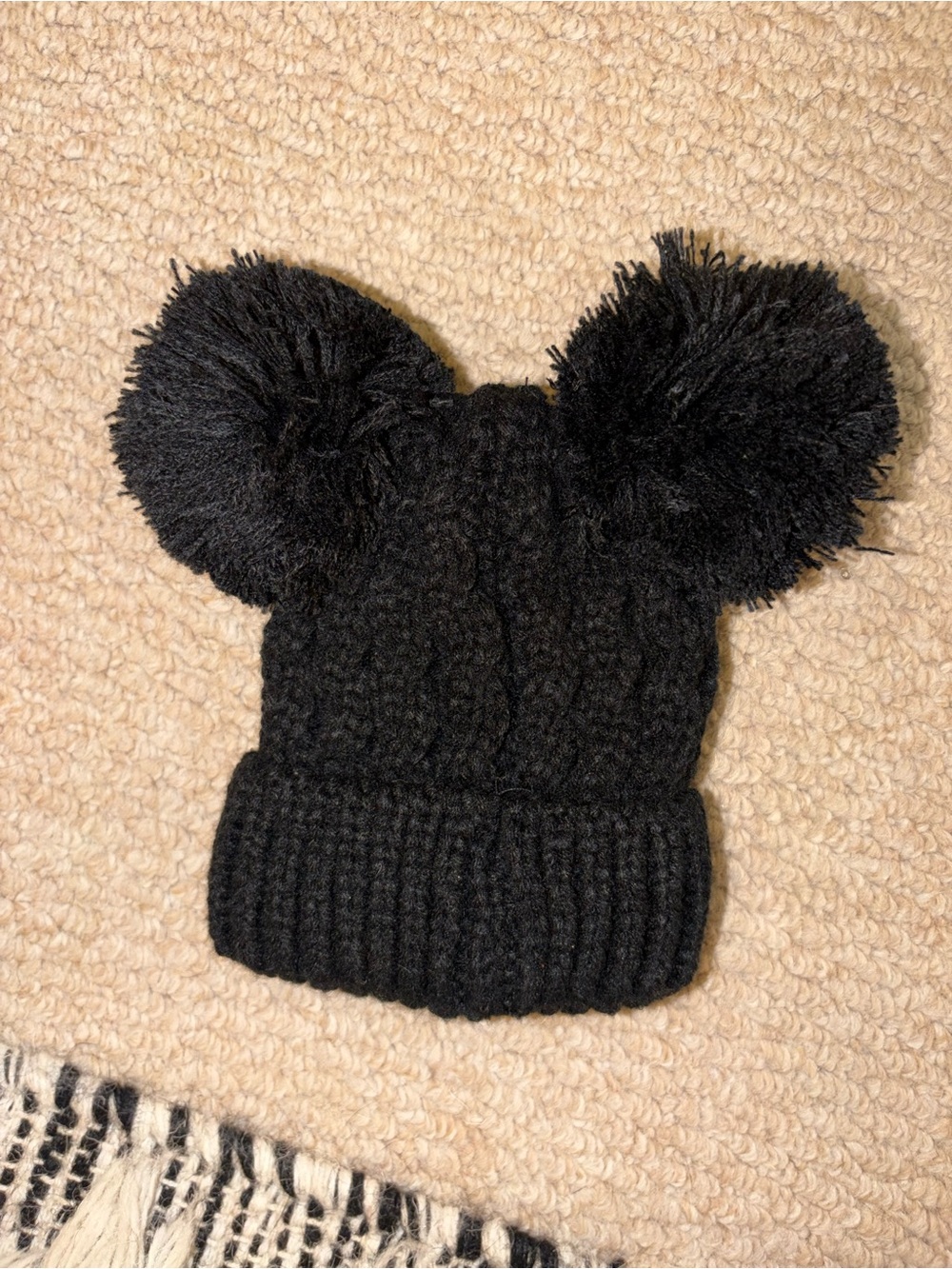Black Pom-Pom Cable Knit Kids Beanie